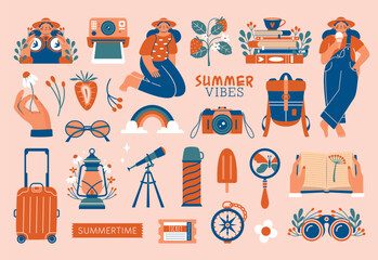 Summer adventure set clip arts. Cute vector illustrations about summertime, travels with girl in hat, polaroid, camera, suitcase, rainbow, backpack, hand holding flower, ice cream, books. For stickers - obrazy, fototapety, plakaty