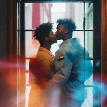 queer couple kissing at the doorway, onf of them with uniforms 