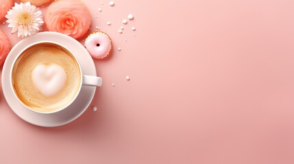 Flat lay cup of coffee on saucer and heart shaped, flowers on pink background, top view