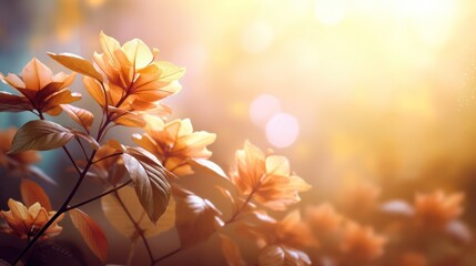 Bright orange autumn leaves and flowers serve as a picturesque background for a presentation, accentuated by the golden warmth of sunlight