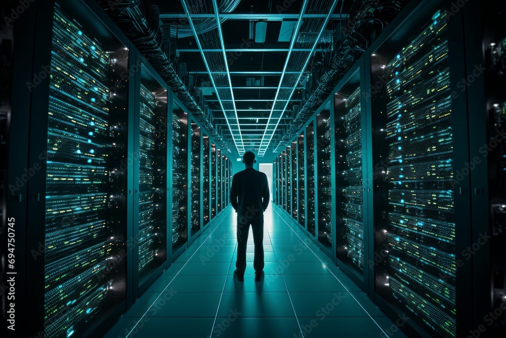 Poster man data center. worker computer. generate ai