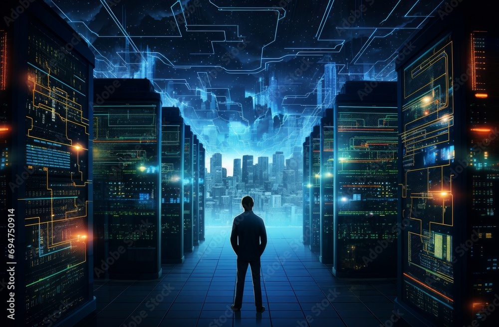 Poster digital man data center. worker computer. generate ai
