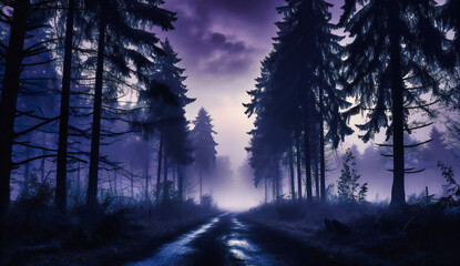 Mysterious Twilight Haze Enveloping a Silent Forest Road Under a Moody Sky