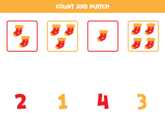 Counting game for kids. Count all red socks and match with numbers. Worksheet for children.