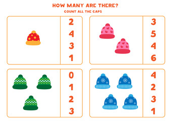 Count all cartoon winter caps and circle the correct answers.