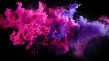 Pink and purple powder explosion on a black background. Splashes of Holi paint powder in feminine colors of violet and pink - obrazy, fototapety, plakaty