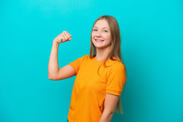 Young Russian woman isolated on blue background doing strong gesture