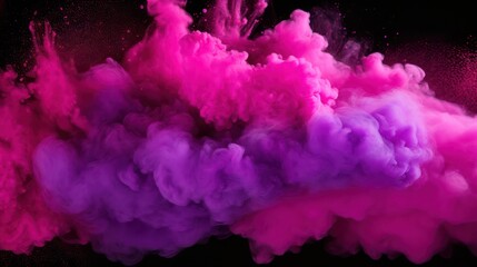 The dramatic dispersion of pink and purple powder on a black canvas, capturing the lively and feminine essence of Holi paint splashes in violet and pink - obrazy, fototapety, plakaty