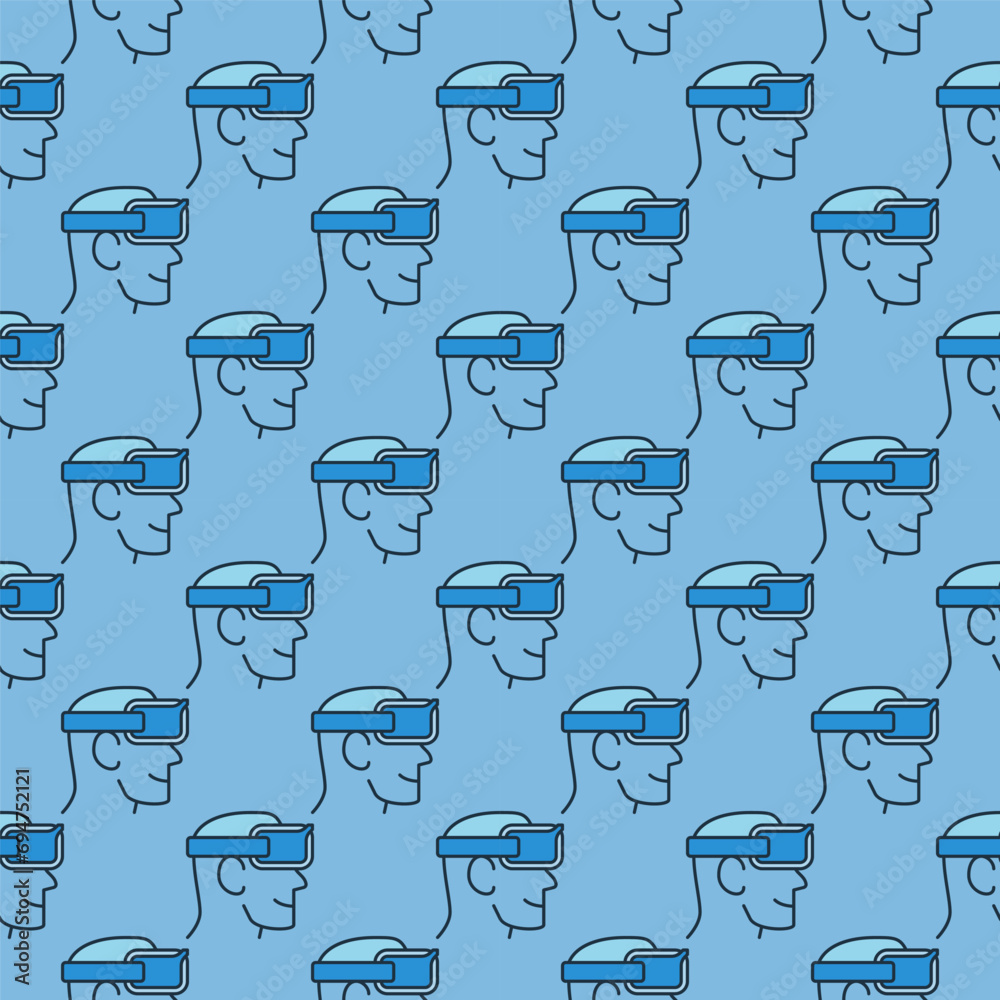 Wall mural head with fpv drone goggles vector concept blue seamless pattern