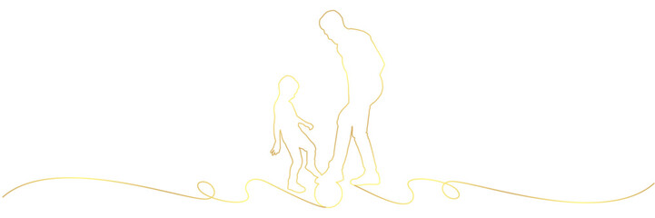 illustration of a gold line art father and child with ball of vector