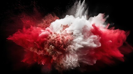 Red and white powder explosion on a black background. Splashes of Holi paint powder in white and red colors