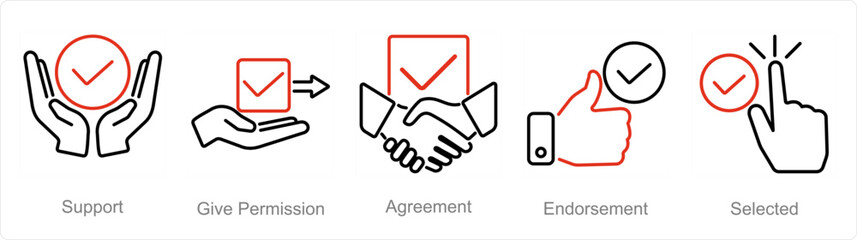 A set of 5 Checkmark icons as support, give permission, agreement - obrazy, fototapety, plakaty