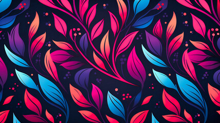 Enchanting Dance of Colors: Neon Leaves Swirling in a Dark Mystical Floral Pattern