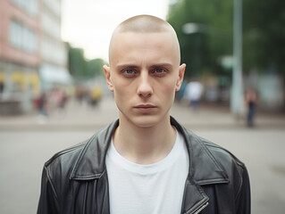 Portrait young hateful skinhead outside