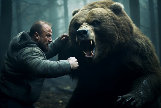 Fat man fight bear motivation. Leader manager. Generate Ai