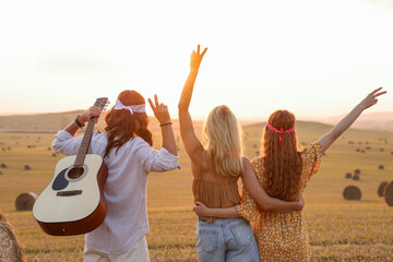 Hippie friends with guitar showing peace signs in field, back view