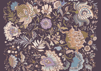 Fantasy flowers in retro, vintage, jacobean embroidery style. Seamless pattern, background. Vector illustration.