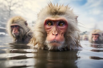 Obraz premium Japanese monkeys, snow monkeys, warm themselves in a hot spring in winter. Generative AI.