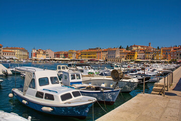 Boats on the historic waterfront of the medieval coastal town of Rovinj in Istria, Croatia