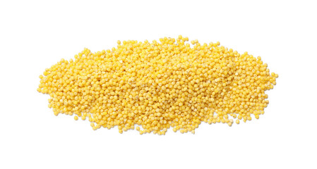 Pile of dry millet seeds isolated on white, top view