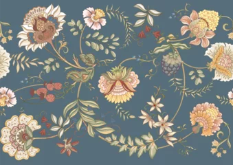 Foto op Canvas Fantasy flowers in retro, vintage, jacobean embroidery style. Seamless pattern, background. Vector illustration. © Elen  Lane
