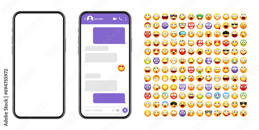 Wall mural smartphone messaging app, user interface design with emoji. sms text frame. chat screen with violet 