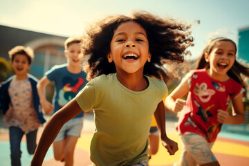 There are many children running together on a court. Generative AI