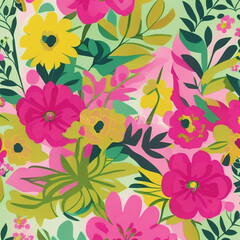 Fototapeta na wymiar Green, yellow and pink watercolor flowers with stems and leaves. Watercolor art background.