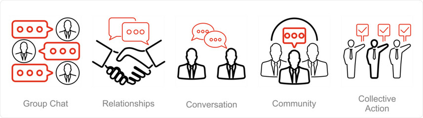 A set of 5 Community icons as group chat, relationships, conversation