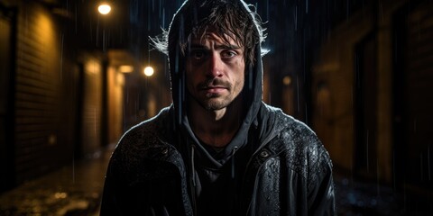 A man in a hoodie standing in the rain. Generative AI.