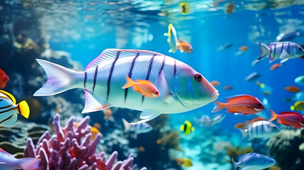Vivid underwater scene with diverse tropical fish near coral reef under sunlit water surface