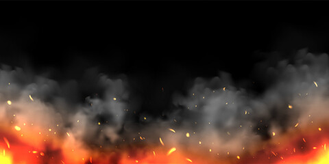 Realistic smoke clouds and fire on black background. Flame blast, explosion. Stream of smoke from burning objects. Forest fires. Transparent fog effect. White steam, mist. Vector design element. - obrazy, fototapety, plakaty