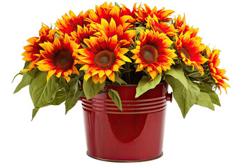 bunch of sunflowers in red bucket isolated on transparant background 