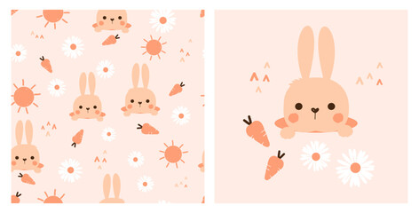 Fototapeta na wymiar Seamless pattern with bunny rabbit cartoons, daisy flower and carrot on orange background vector.