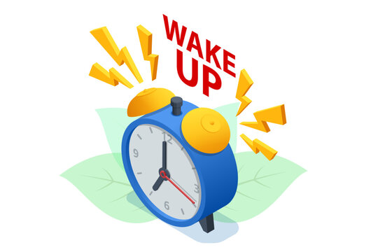 Isometric representation of an alarm clock waking up, with ringing watches accompanied by flashing lightning. Morning alert, time countdown, conveys a last chance sale or approaching deadline