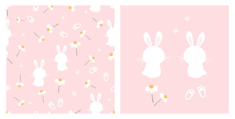 Fototapeta na wymiar Seamless pattern with bunny rabbit cartoons, foot print and daisy flower on pink background vector.