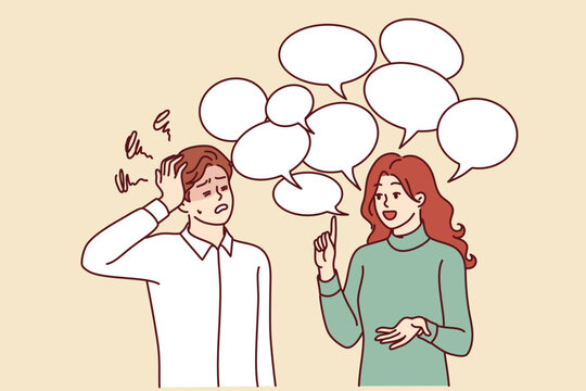 Chatty woman irritates man clutches head and does not want to listen to girl standing among speech bubbles. Guy is experiencing tension and discomfort due to chatty girlfriend spreading gossip.
