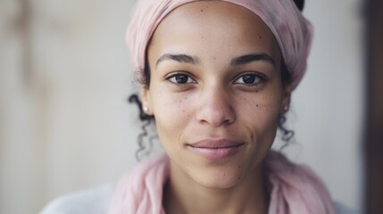 Closeup shot featuring a Moroccan woman with natural imperfections in her skin against a beige background.