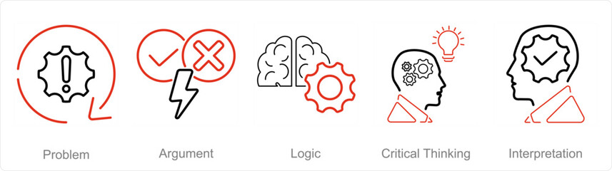 A set of 5 Critical Thinking icons as problem, argument, logic