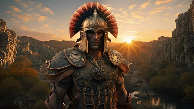Spartan warrior portrait sunset. Created with generative AI.	
