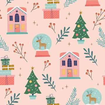 Christmas seamless pattern with houses, snowballs and trees. Seasonal winter design. Cute vector illustration in flat cartoon style