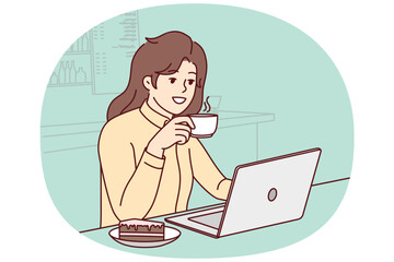 Smiling young woman sit in cafe working on computer. Happy girl drink coffee and cake study on laptop in coffee shop. Vector illustration.