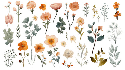Chic Watercolor Flower Collection: On-Trend Styles, Colors, Sizes, and Shapes on Transparent Background. Generative AI