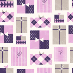 Retro Geometric Christmas Seamless Pattern with gifts in a minimalist flat style. Happy New Year Seamless background. 