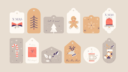 Set of Christmas and New Year's gift tags illustrations with decorative elements and winter symbols. Retro geometric flat illustrations.