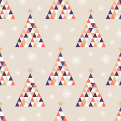 Retro Geometric Christmas Seamless Pattern in a minimalist flat style with Christmas tree and fireworks. Vintage Happy New Year seamless background.