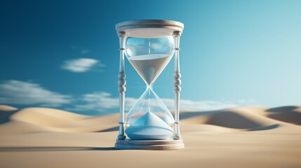 A cinematic view of hourglass on sand under blue sky