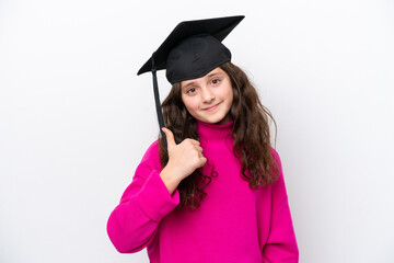 Little student girl wearing a graduated hat isolated on pink background with thumbs up because something good has happened