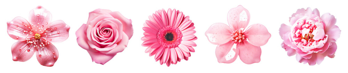 Set of pink flowers on isolated background
