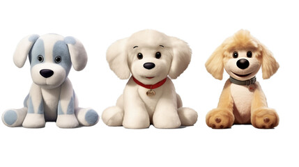 Cutout set of 3 stuffed toy dog animals isolated on transparent png background - obrazy, fototapety, plakaty